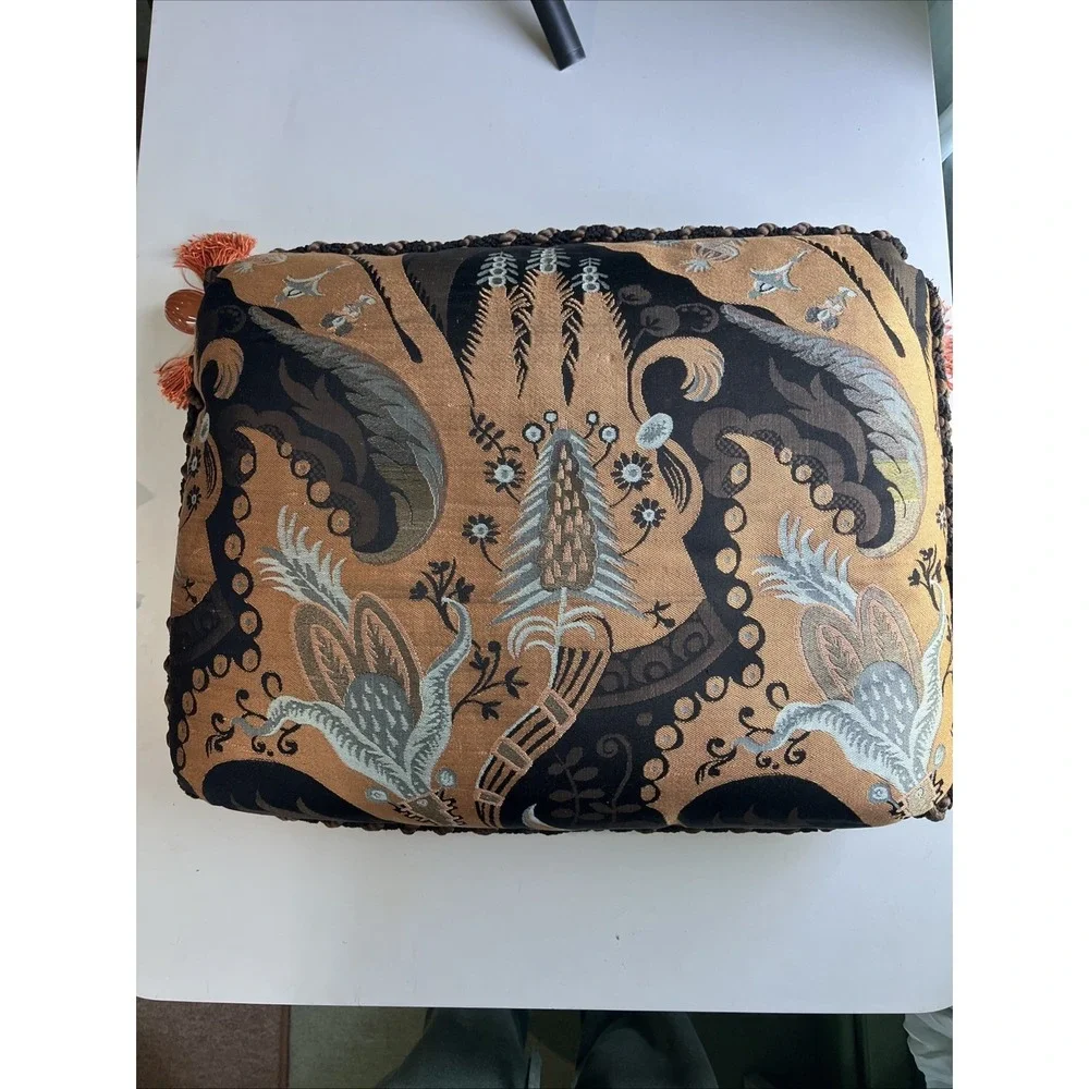 Silk Embroidered Floral  Tapestry Pillow w/Tassels Braided Rope 20x15 Lux